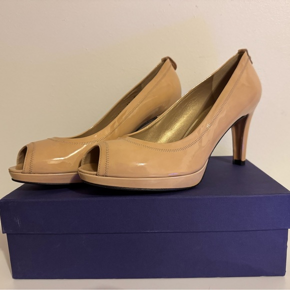 Stuart Weitzman Shoes - Stuart Weitzman Adobe Aniline Tan Patent Plainfield Peep Toe Pump Heels Size 10